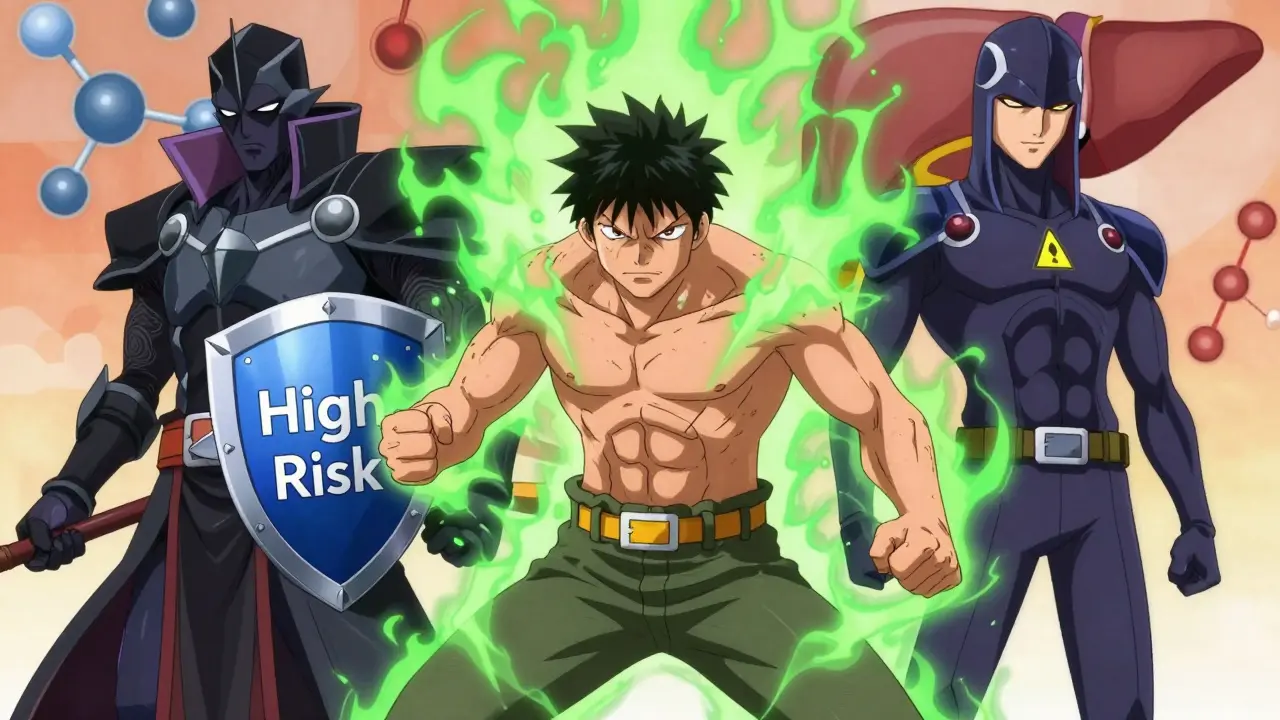 Three anime characters representing different antibiotic risks and side effects