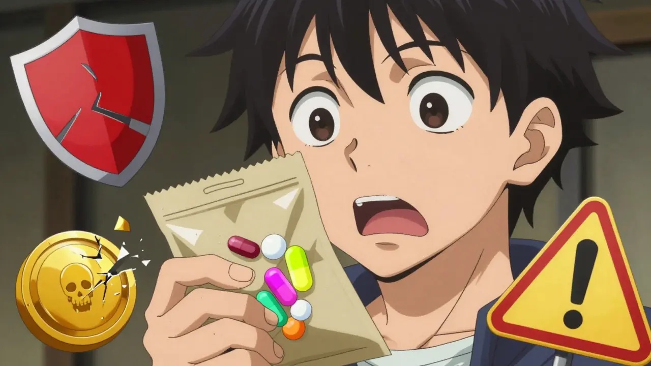 Anime character discovering dangerous counterfeit pills in a package with warning symbols.