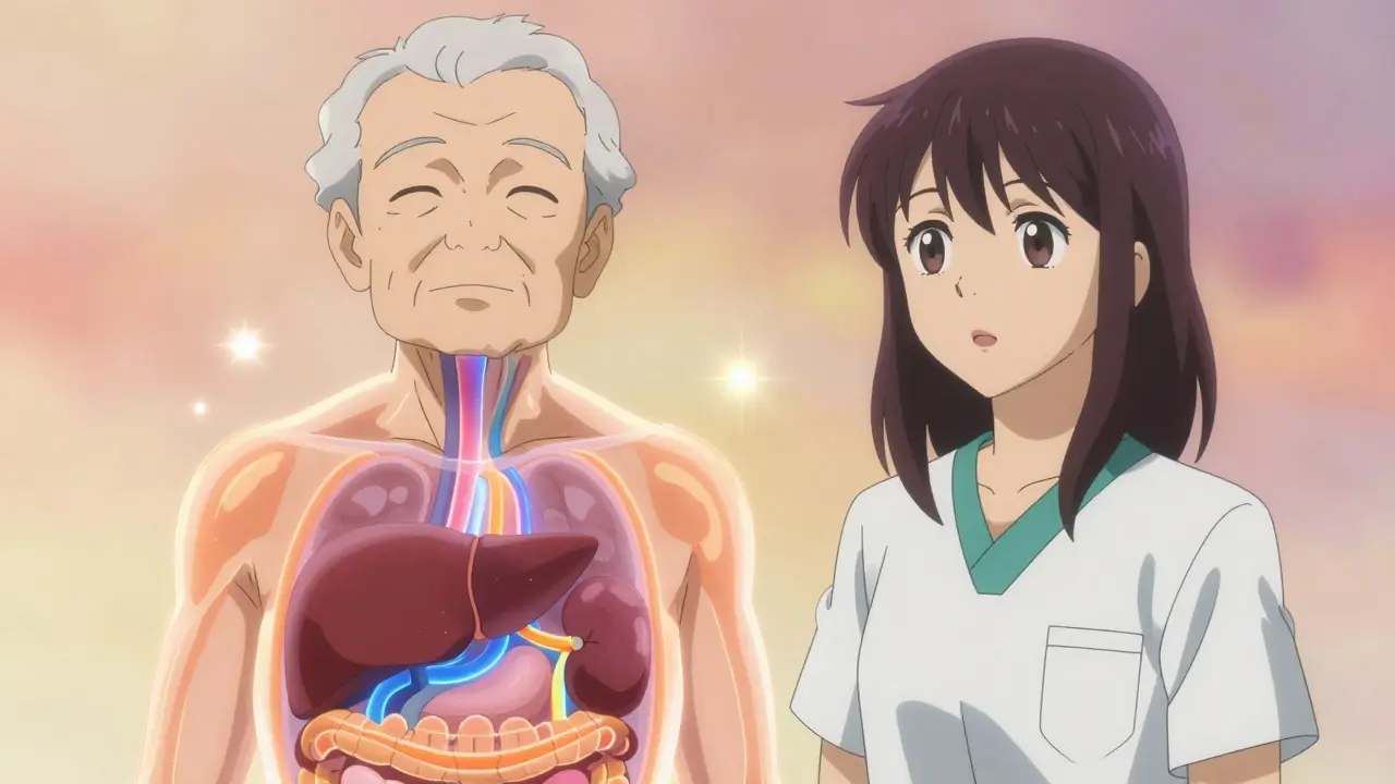 Anime elderly and young woman showing glowing internal organs