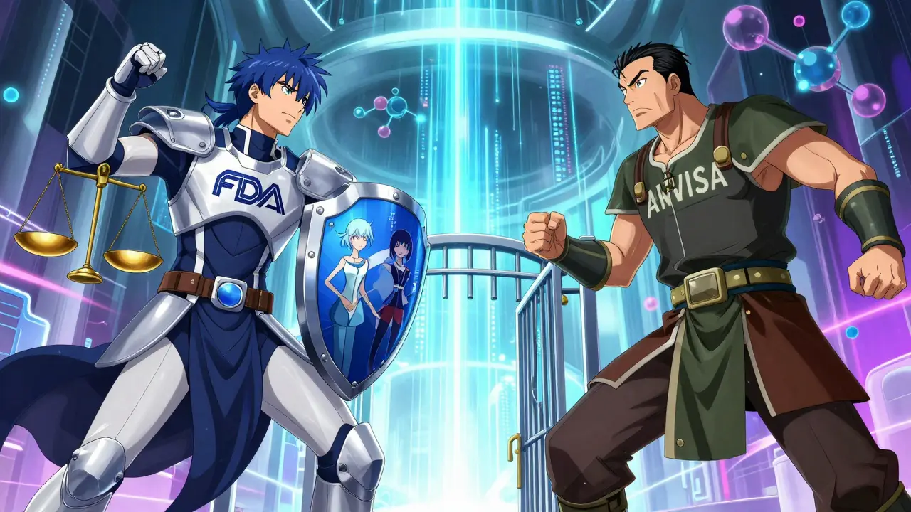 Anime figures representing FDA vs old standards in a lab