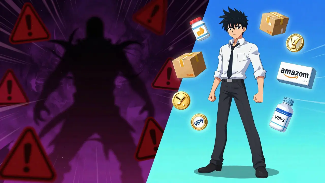 Anime hero choosing safe pharmacy over scam site