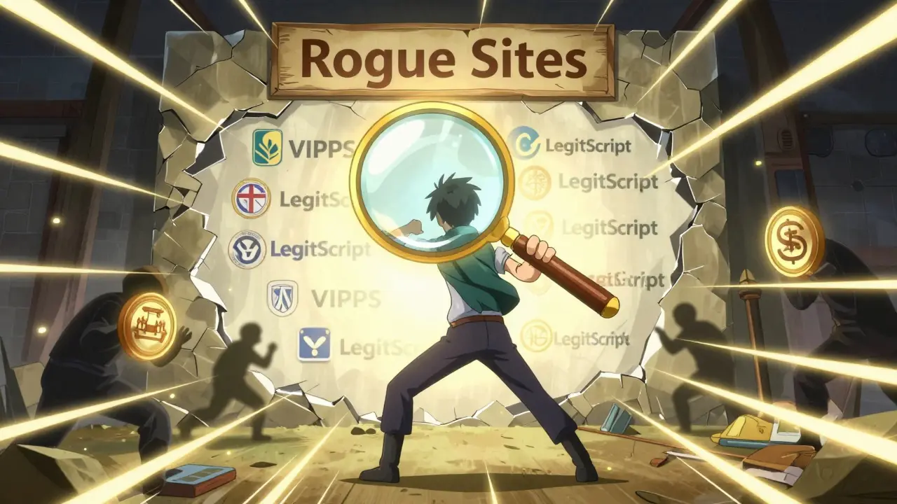 Anime protagonist using a glowing magnifying glass to expose fake pharmacy seals.