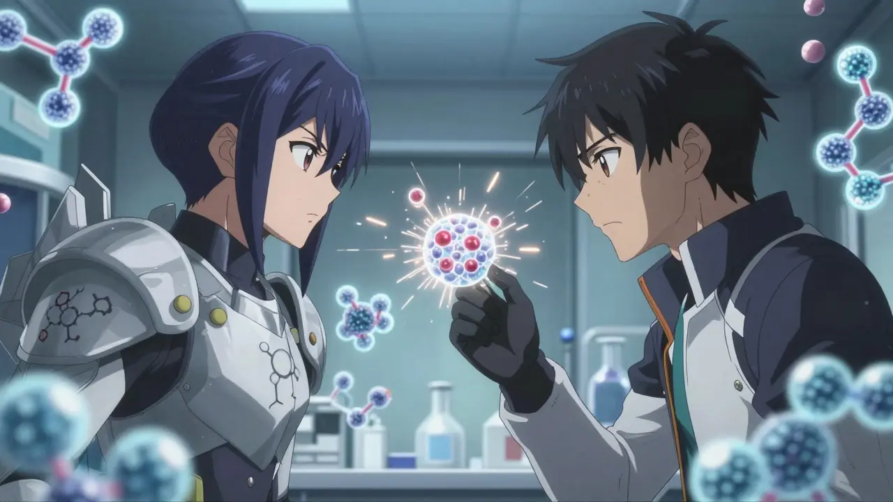 Anime rivals analyzing complex antibody molecules in a high-tech lab setting