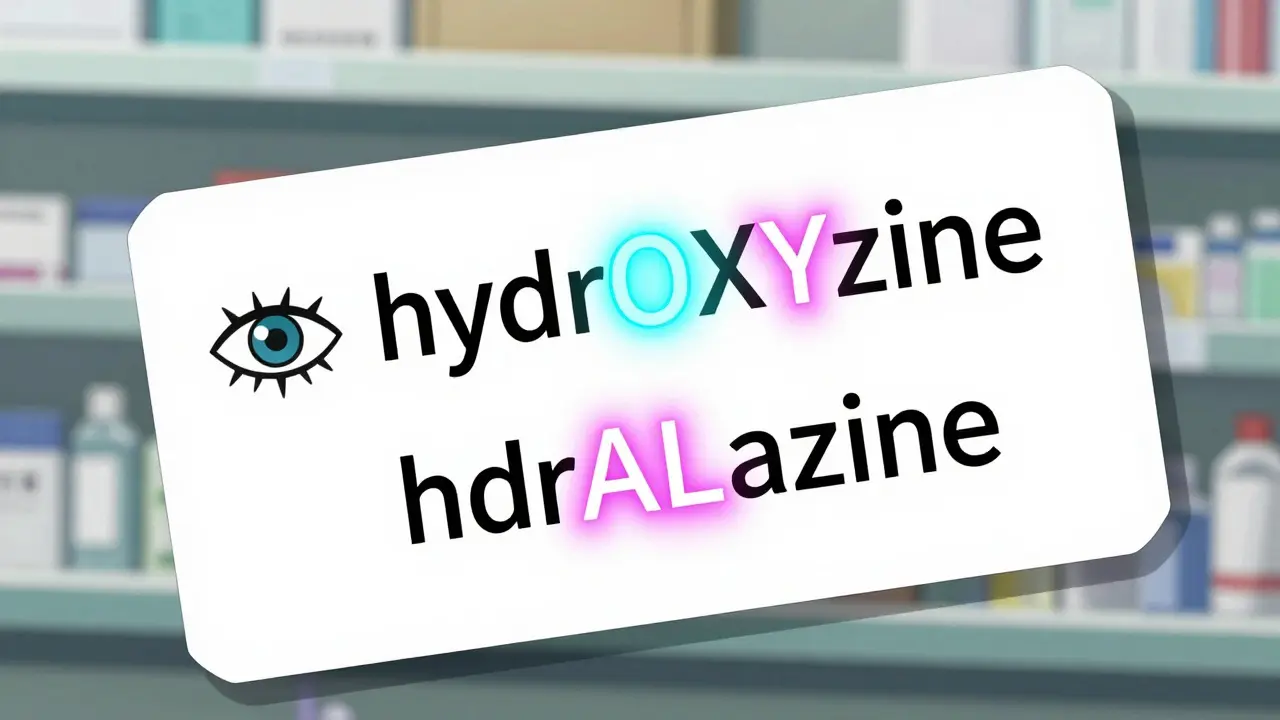 Glowing highlight shows capital letters in drug names on label
