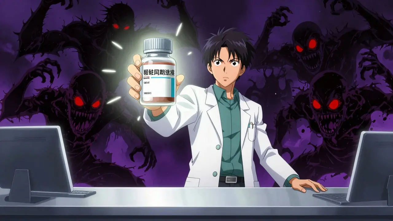 Heroic pharmacist protecting generic medicine from shadowy scam monsters