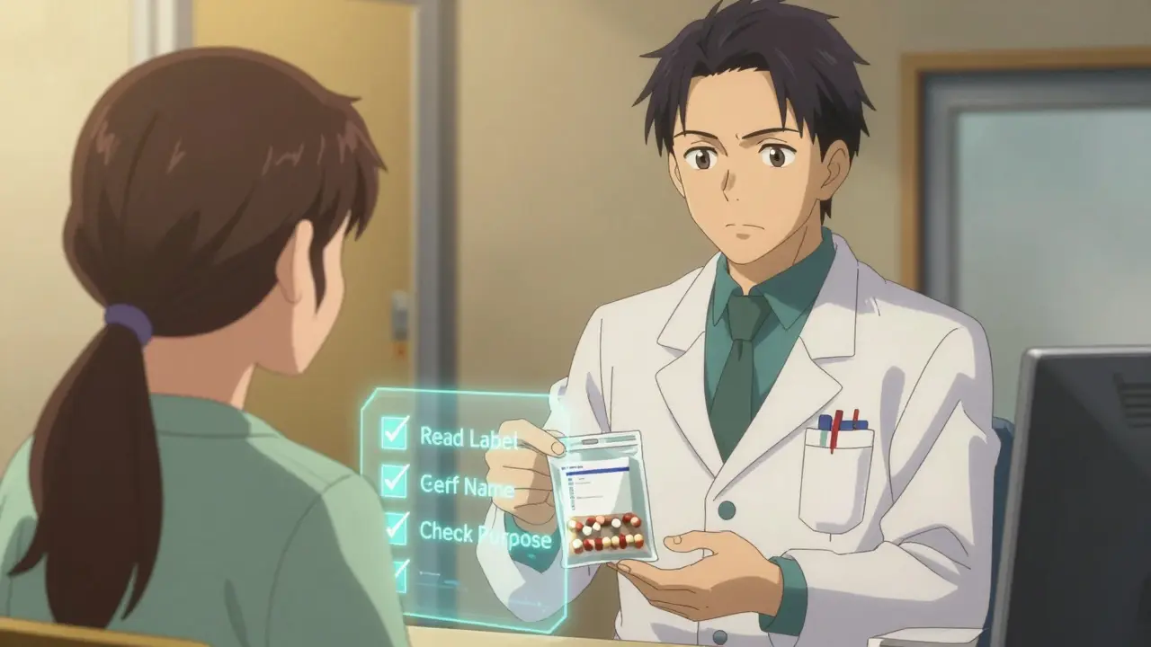 Pharmacist hands meds to patient with floating safety checkmarks