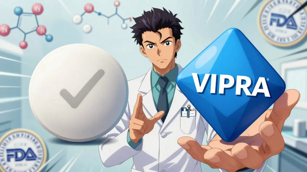 Anime character comparing generic and brand name ED medication