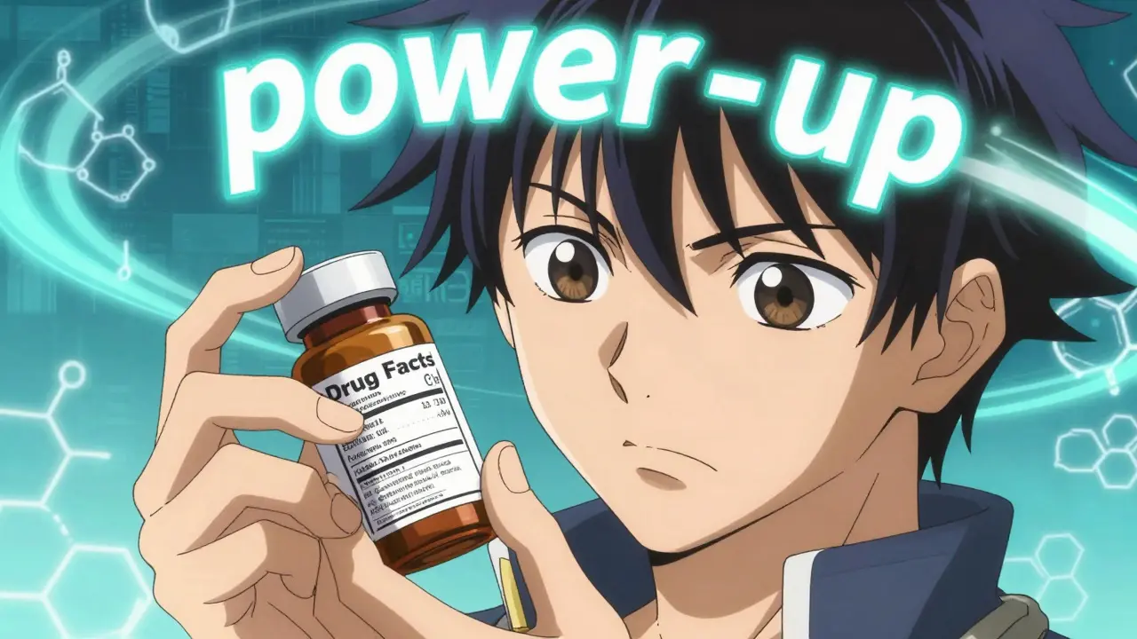 Anime character intensely reading a drug label with glowing effects