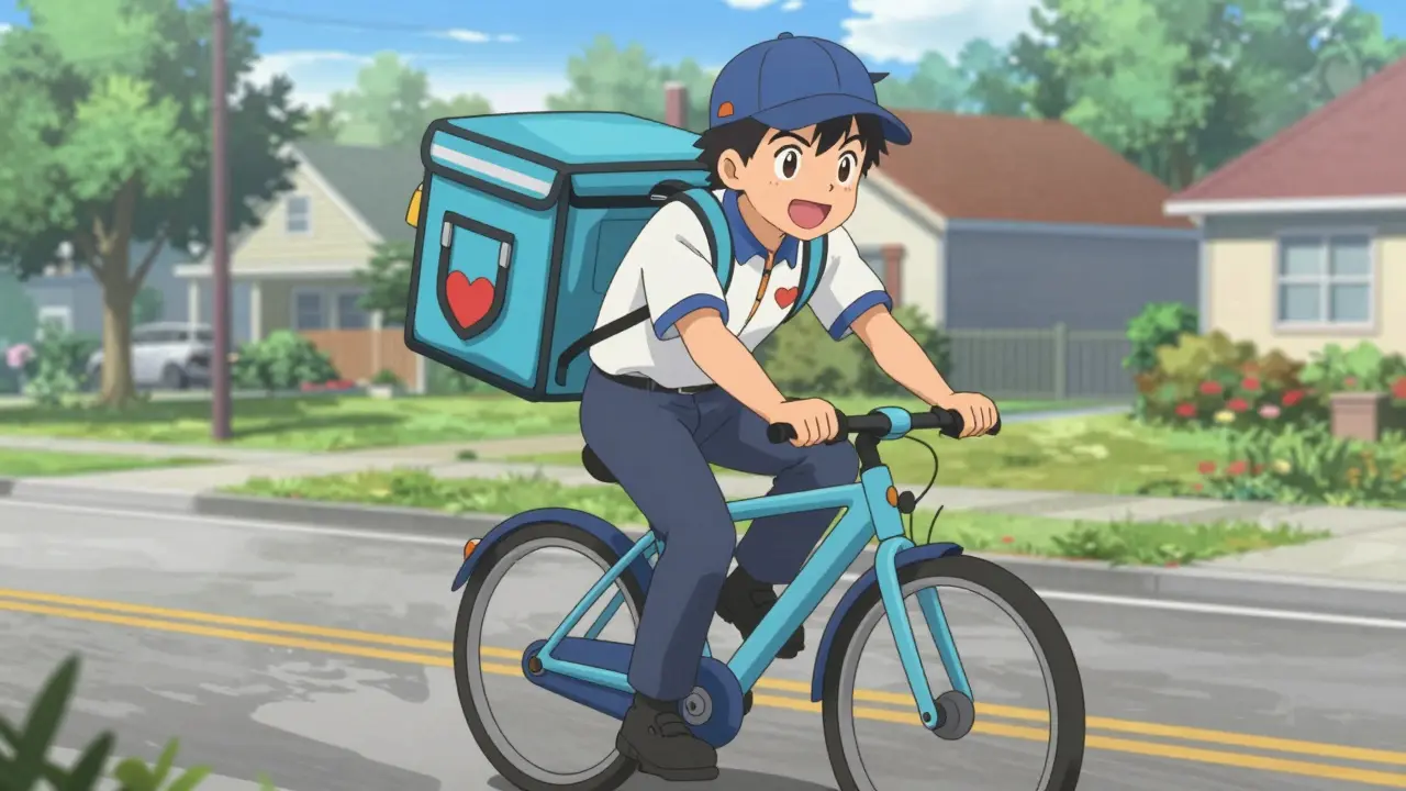 Anime courier delivering medical package on bicycle