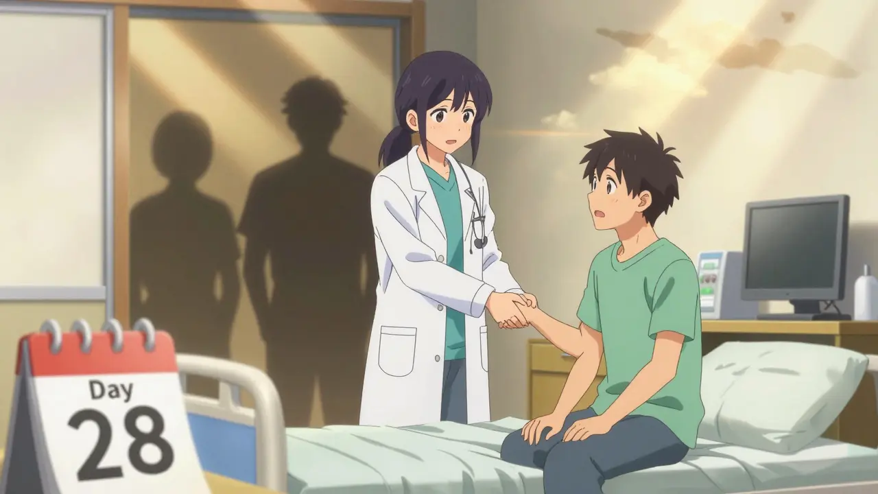 Anime doctor supporting a recovering patient in a bright, hopeful hospital room