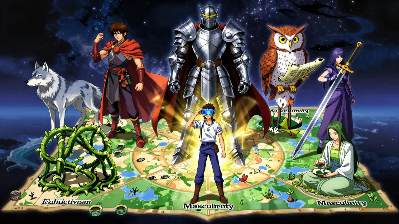 Anime illustration of six elemental spirits representing Hofstede's cultural dimensions around a map