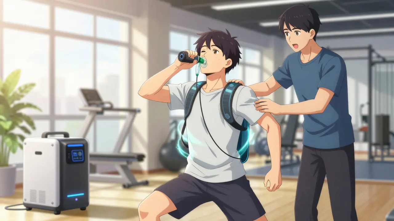 Anime patient doing pulmonary rehab exercises with portable oxygen support.