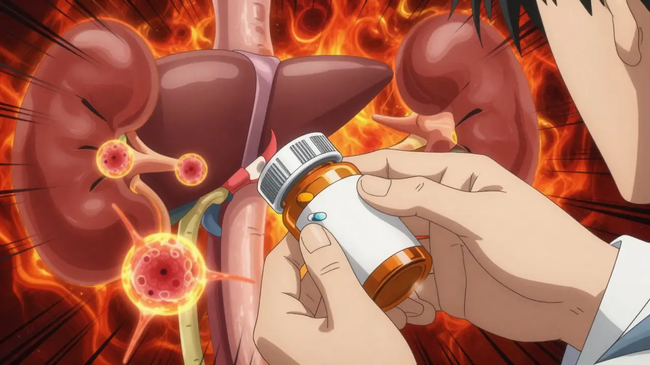 Anime visualization of drugs causing internal organ inflammation