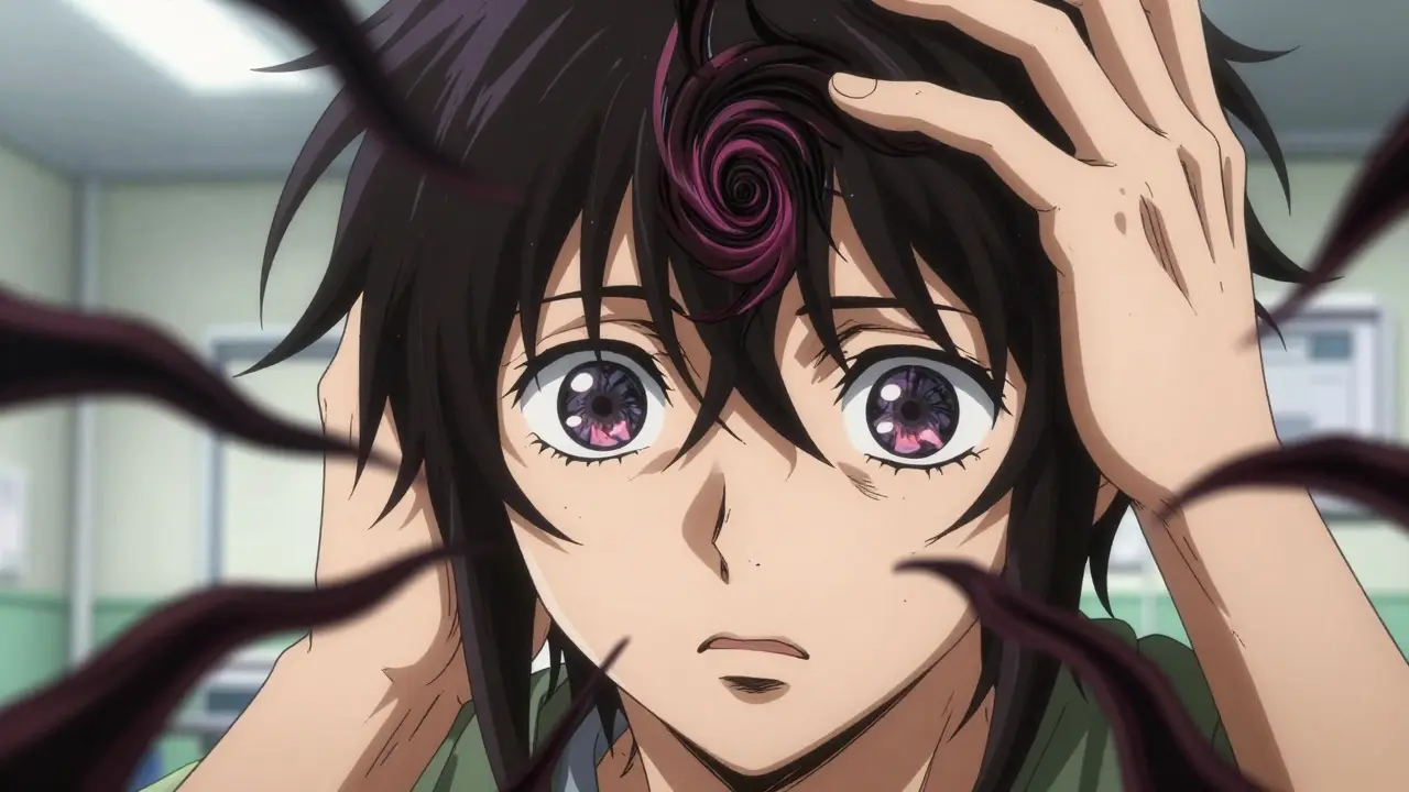 Close-up of anime character facing intrusive dark thoughts reflected in their eyes