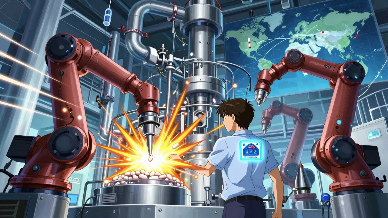 Dynamic view of an automated generic drug factory under strict FDA inspection in anime art.