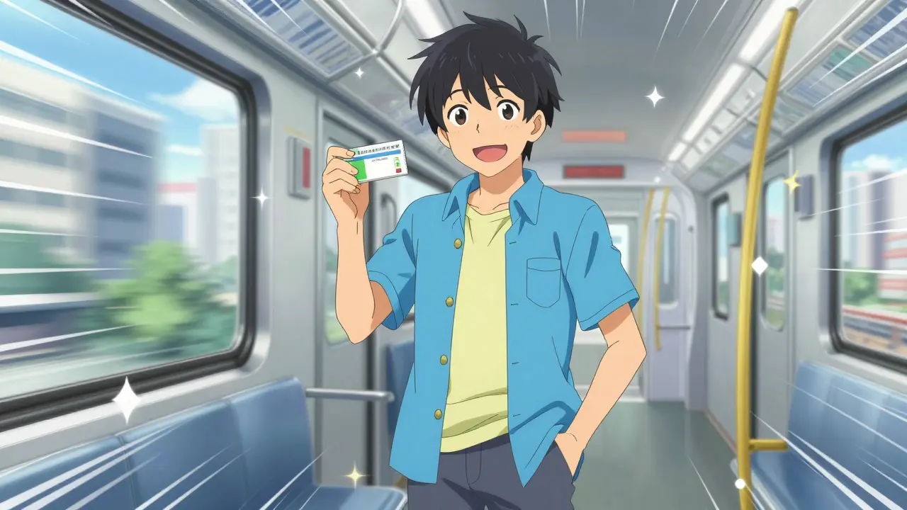 Happy anime traveler holding medicine while riding a train