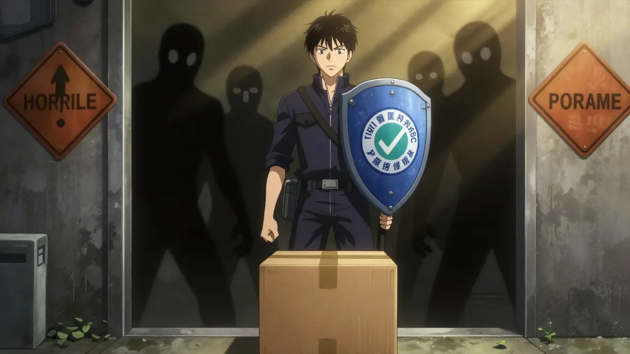 Hero guarding against fake pills with secure delivery package