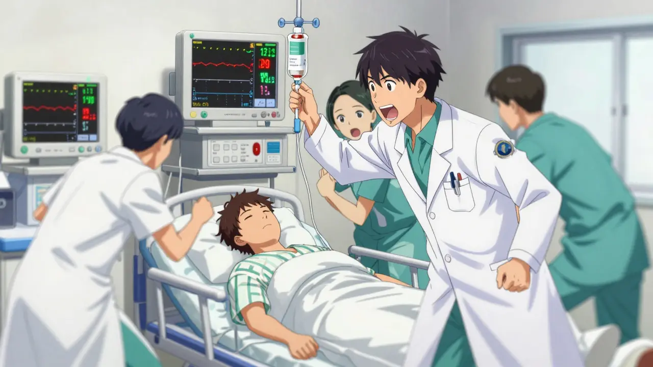 Medical team rushing to treat patient in ICU, anime style