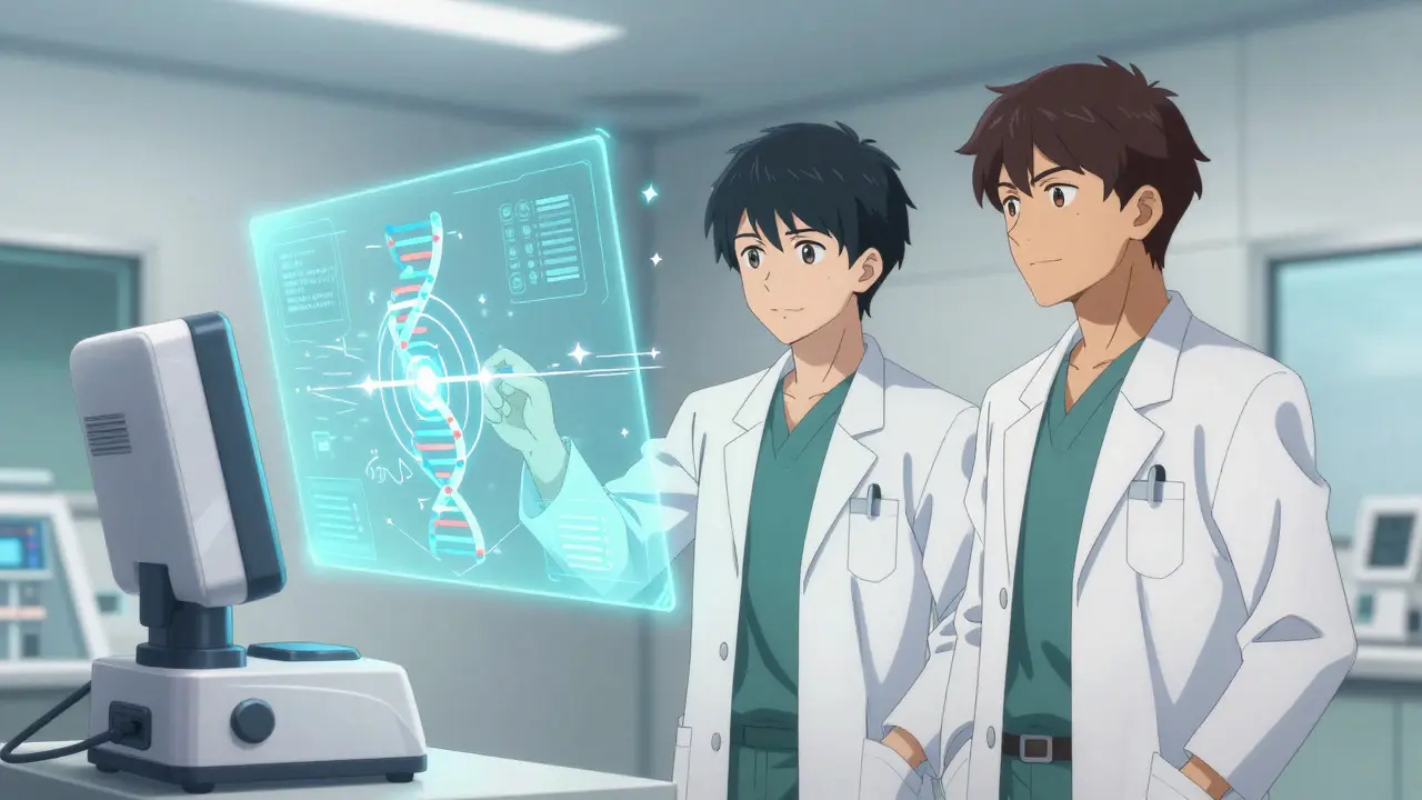 Medical team using holographic AI diagnostics for precision