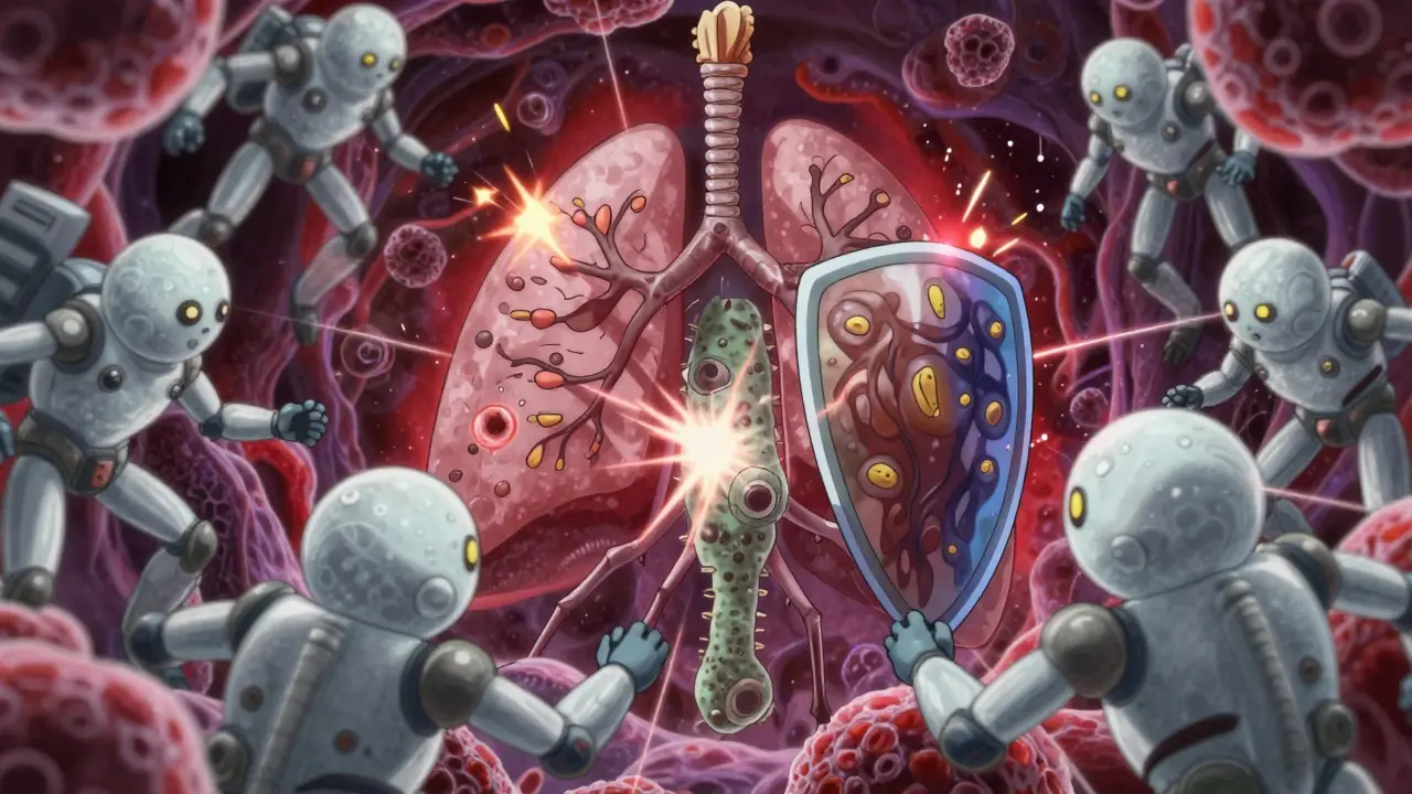 Microscopic battle between bacteria and white blood cells in anime style