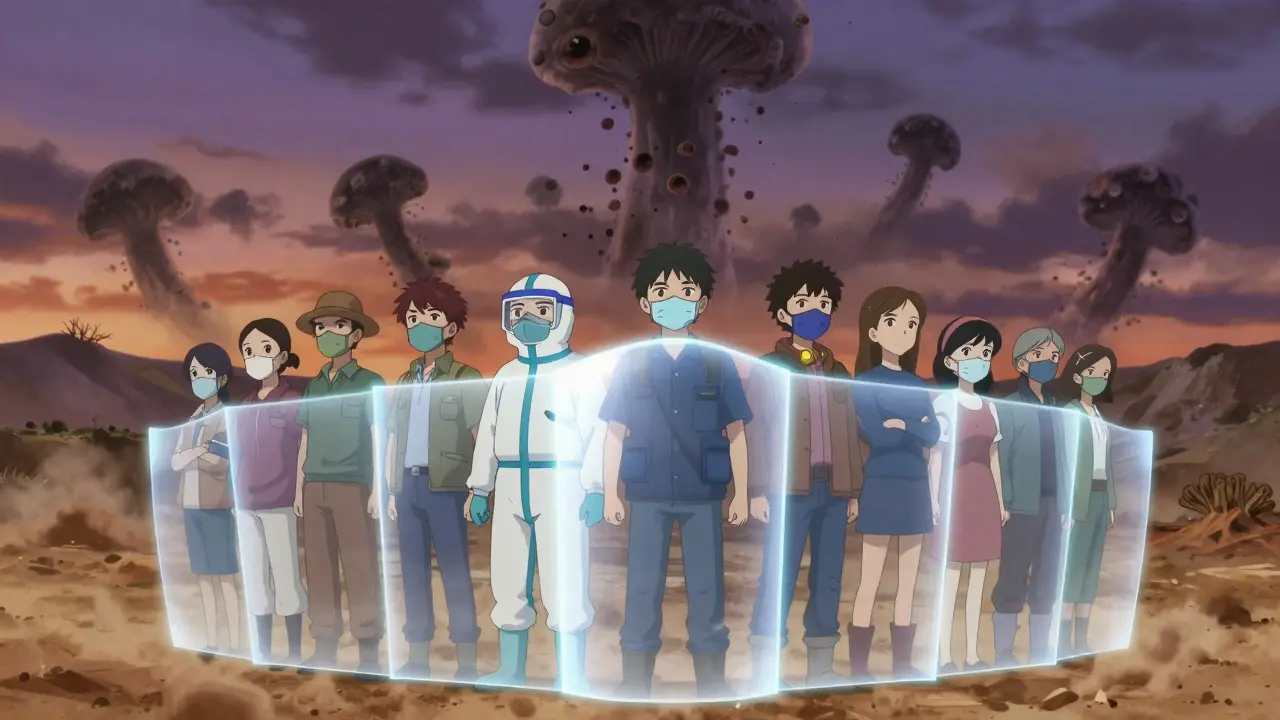 People protected by a shield against fungal spores in shounen anime art