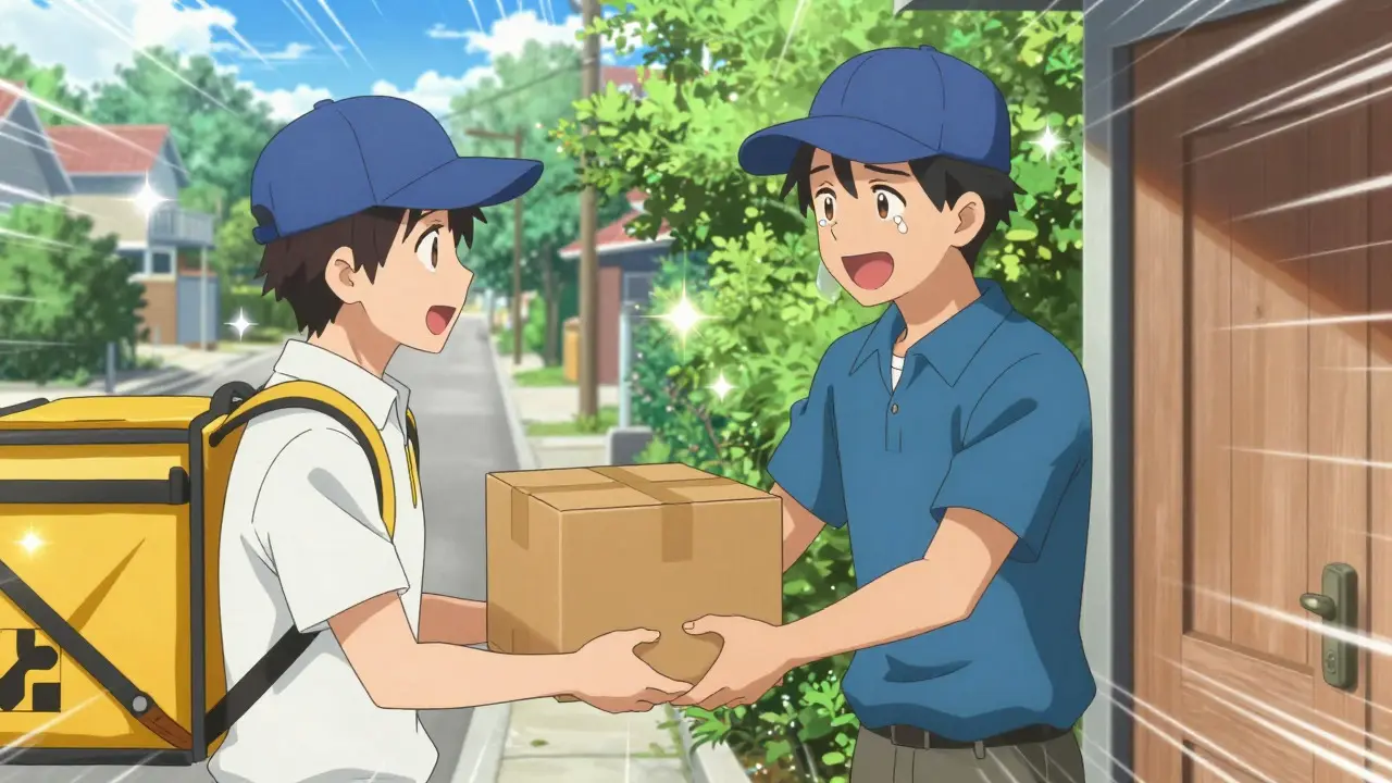 Relieved character receiving medication delivery