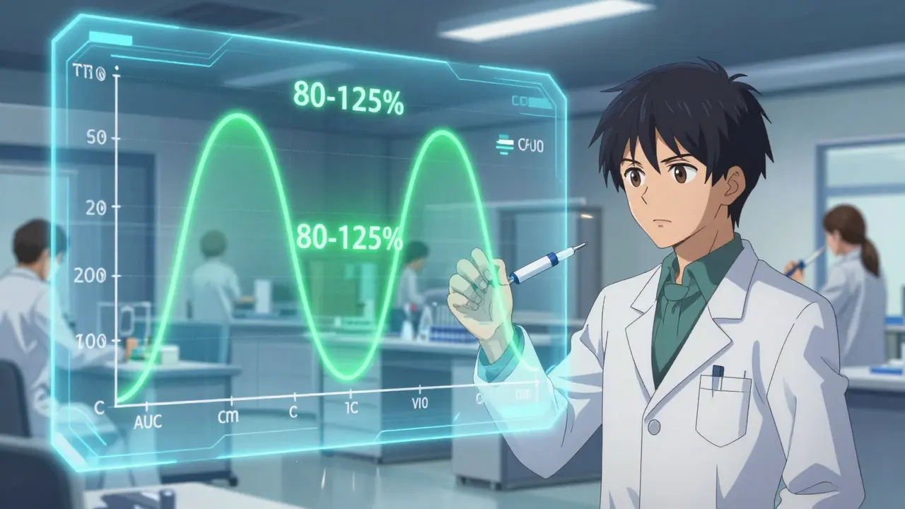 Scientist analyzing bioequivalence data curves in a high-tech lab setting in anime style.