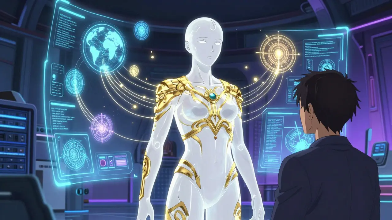 Shounen anime scene of AI hologram adapting interface styles for different global cultures