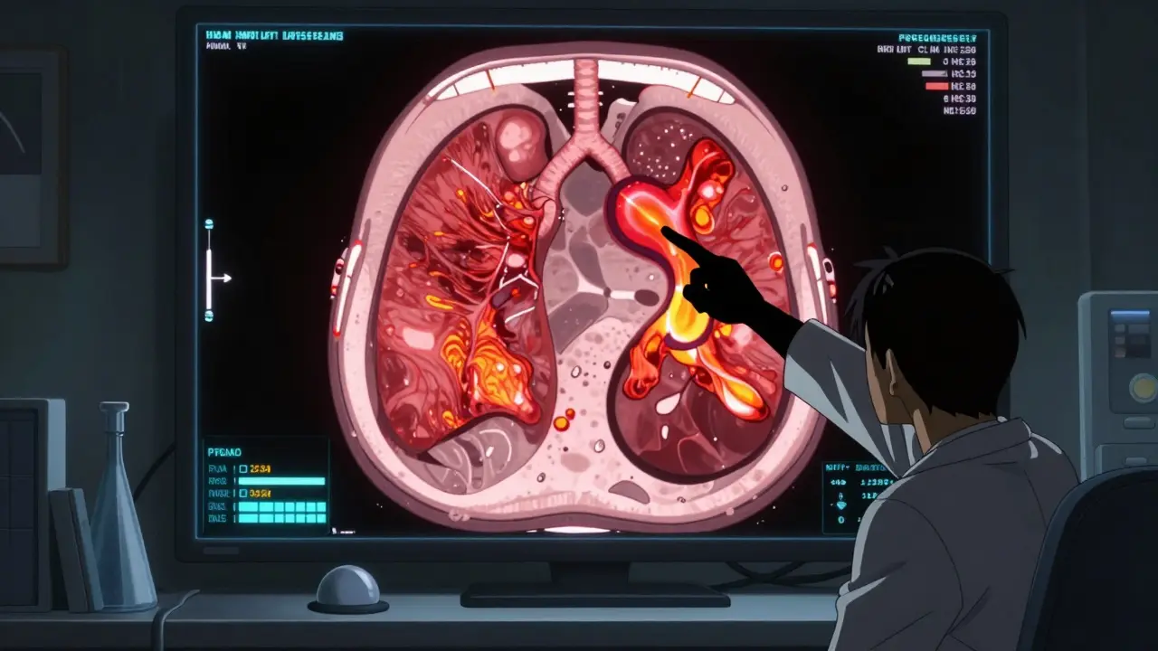 Shounen style medical scan showing lung fibrosis diagnosis details.