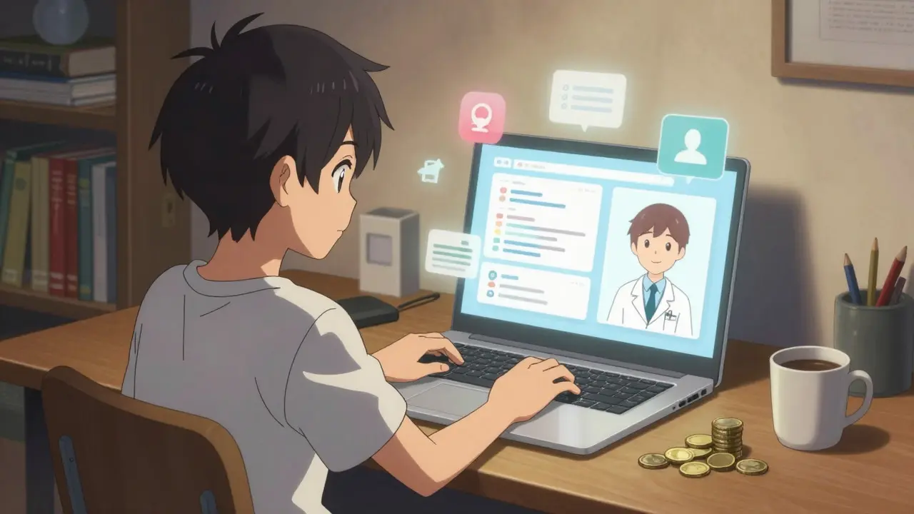 Teen using laptop for easy online telehealth prescription consultation