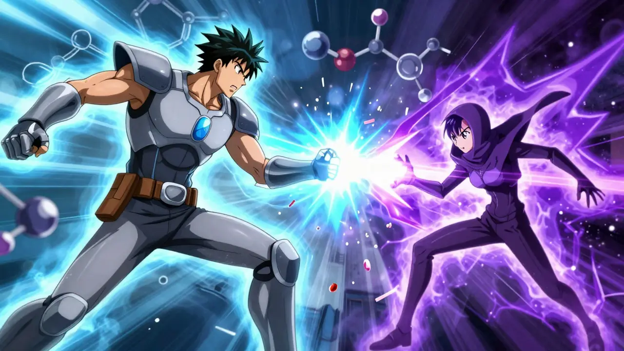 Anime battle scene illustrating the difference between class-wide and drug-specific risks.