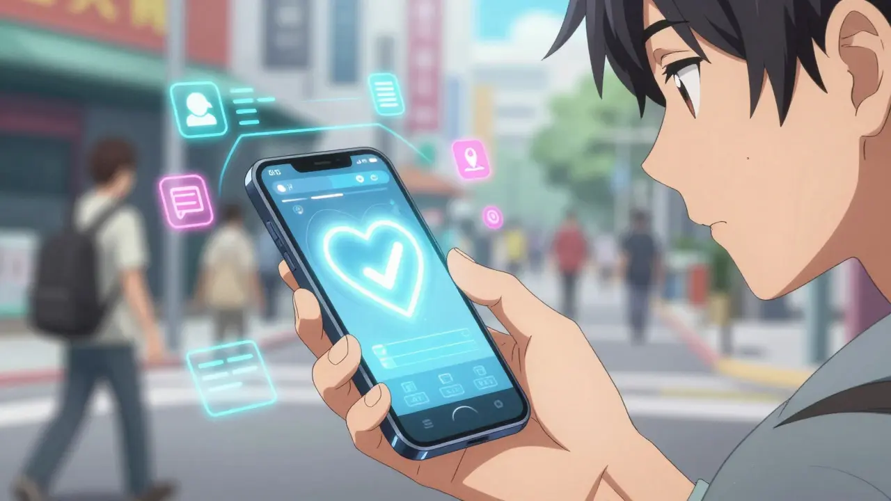 Anime character using smartphone app for medicine reminders
