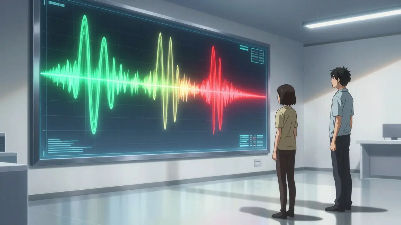 Anime characters viewing a holographic frequency map in a medical clinic