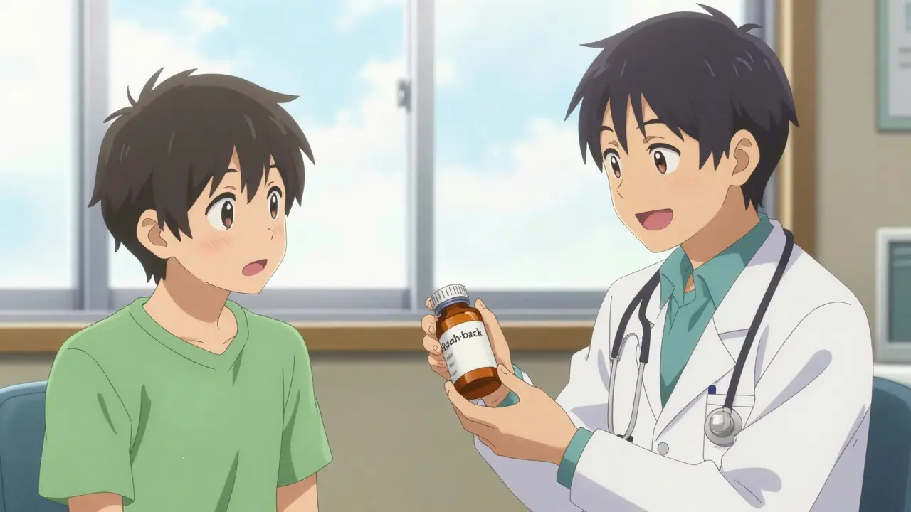 Anime doctor and patient smiling while reviewing medicine bottles in a sunny clinic.