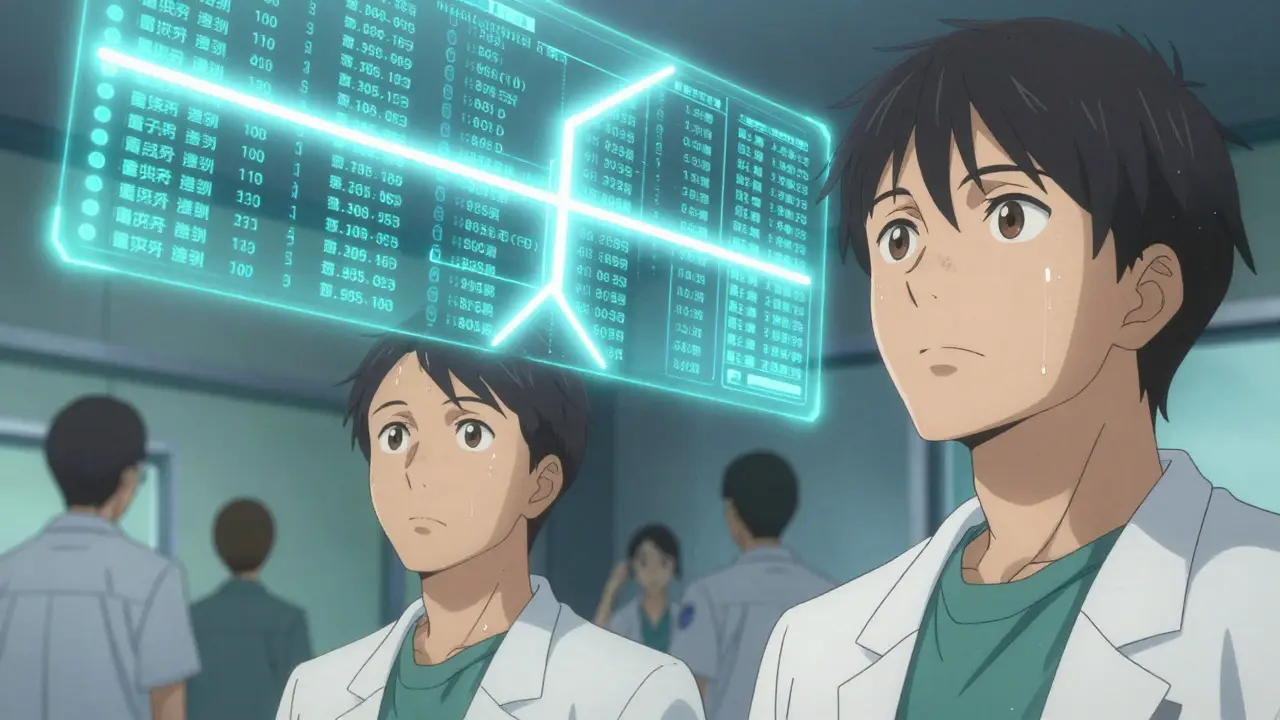 Anime doctors analyzing holographic data streams of drug safety alerts.