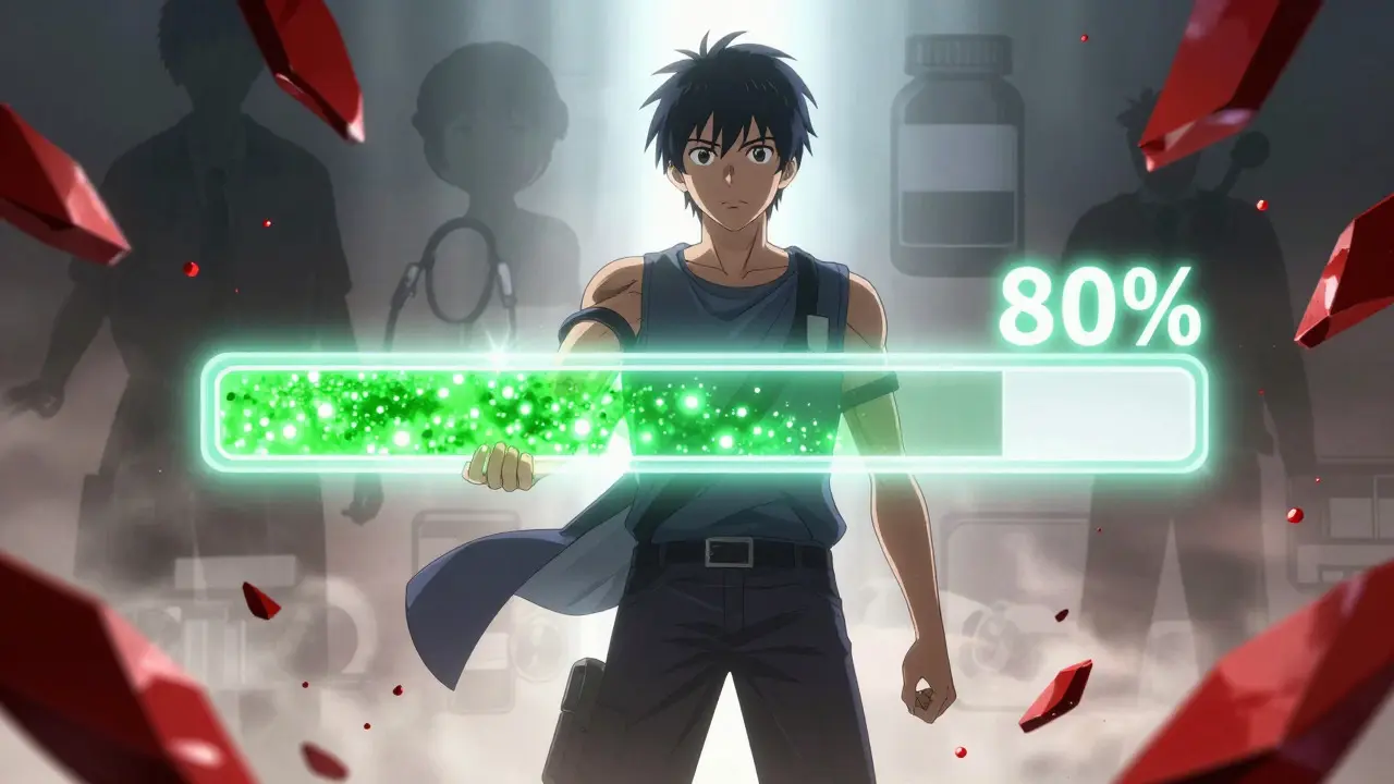 Anime hero holding glowing 80 percent health progress bar