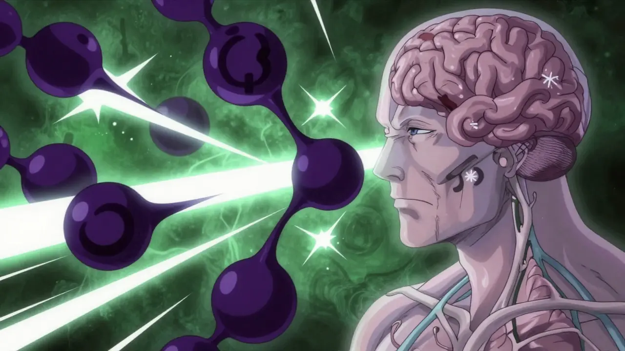 Anime illustration showing drugs crossing blood-brain barrier causing drowsiness