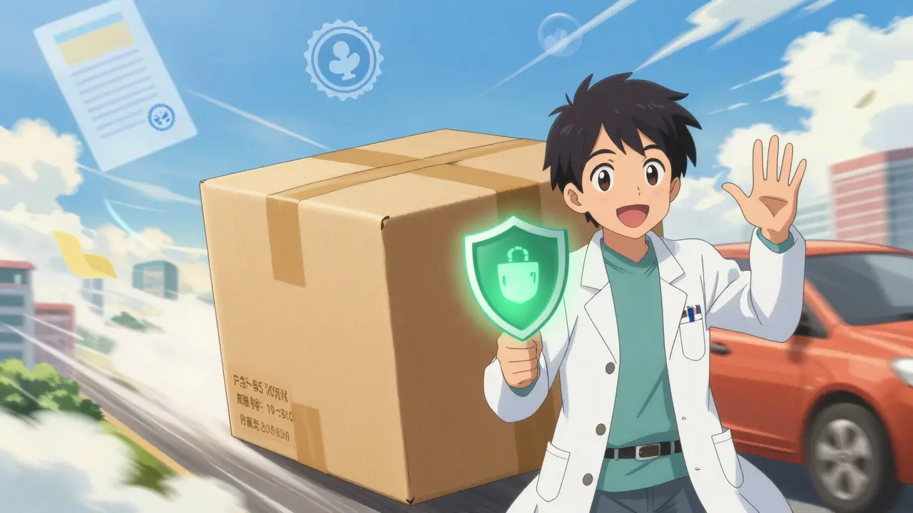 Anime style package delivery with pharmacist and safety shield emblem