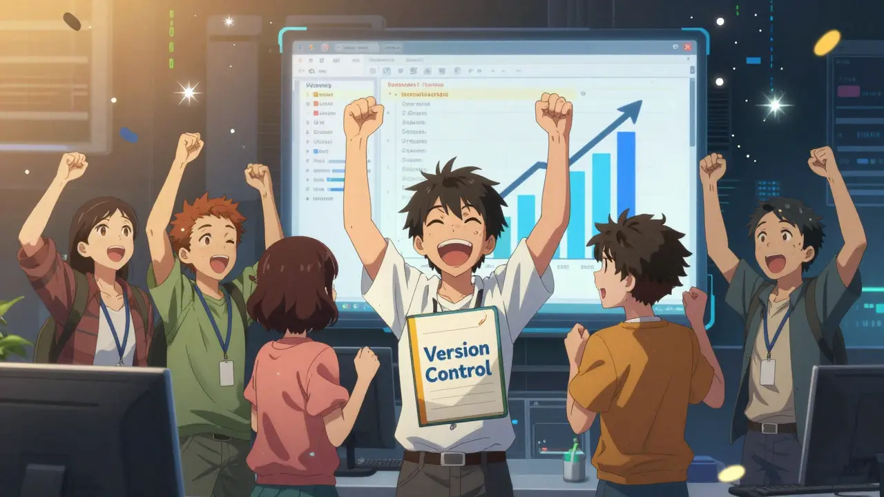Anime team celebrating successful data correction with rising accuracy metrics