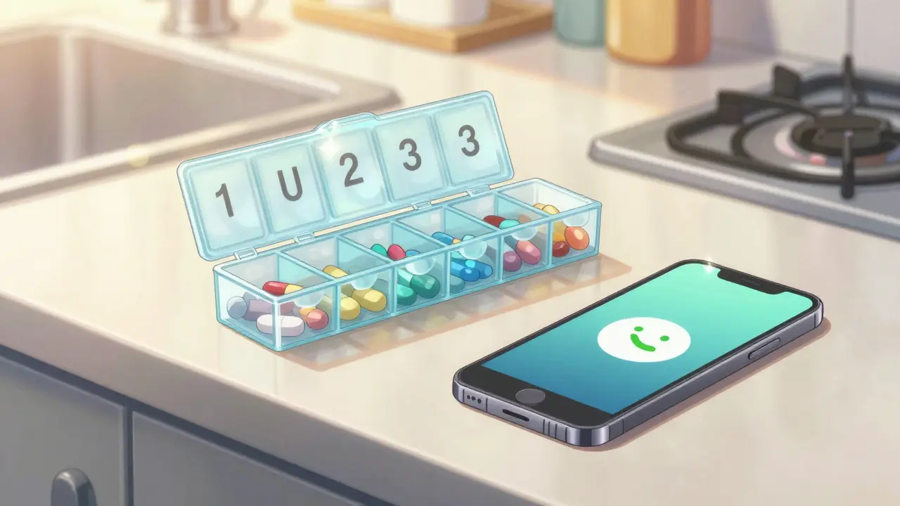 Bright anime scene of an organized pill box and phone reminder on a sunny counter.