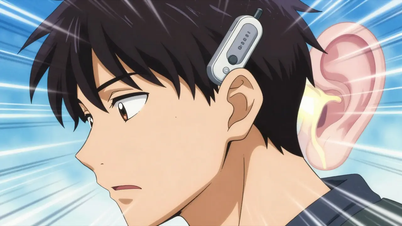 Close-up anime illustration of a bone conduction vibrator on a person's ear