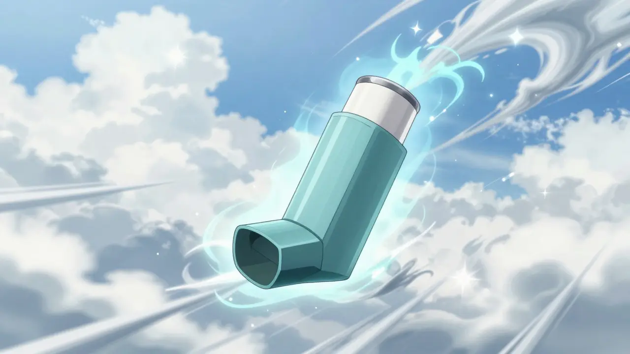 Glowing albuterol inhaler surrounded by swirling air and wind effects