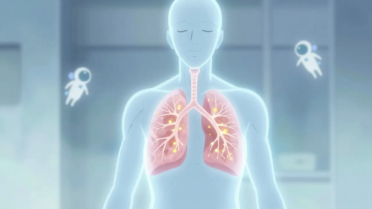 Glowing anime silhouette showing medication particles settling in lungs