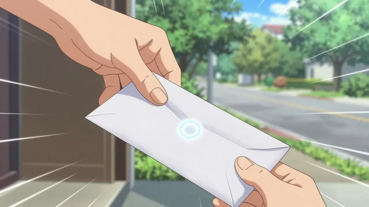 Hand delivering a secure prescription package on a doorstep in anime style