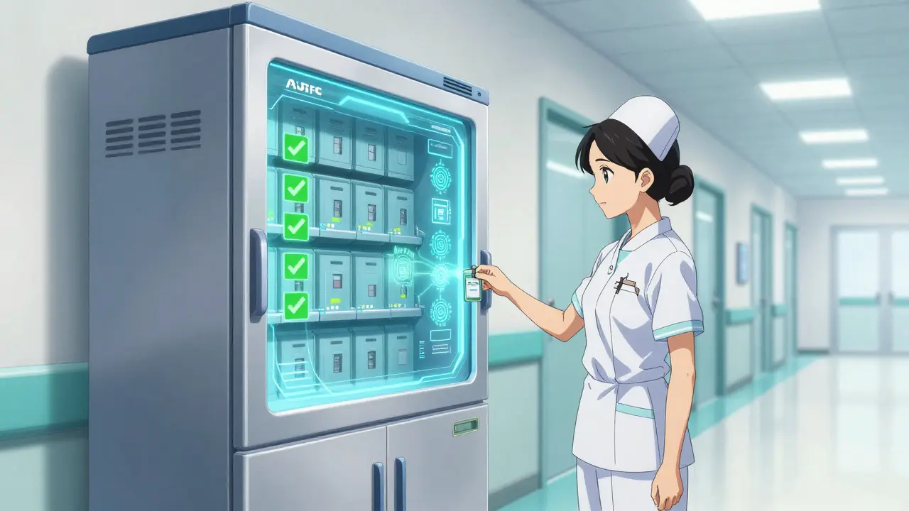 Nurse using a high-tech automated dispensing cabinet