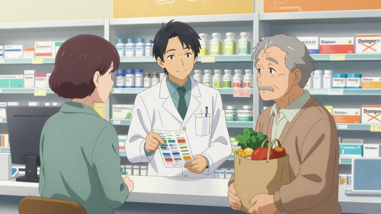 Pharmacist advising senior on safer medication alternatives in anime style