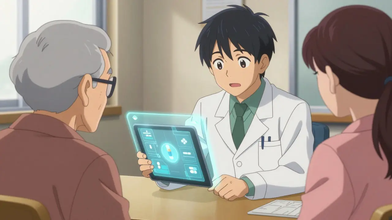 Pharmacist explaining drug details to elderly patient and caregiver