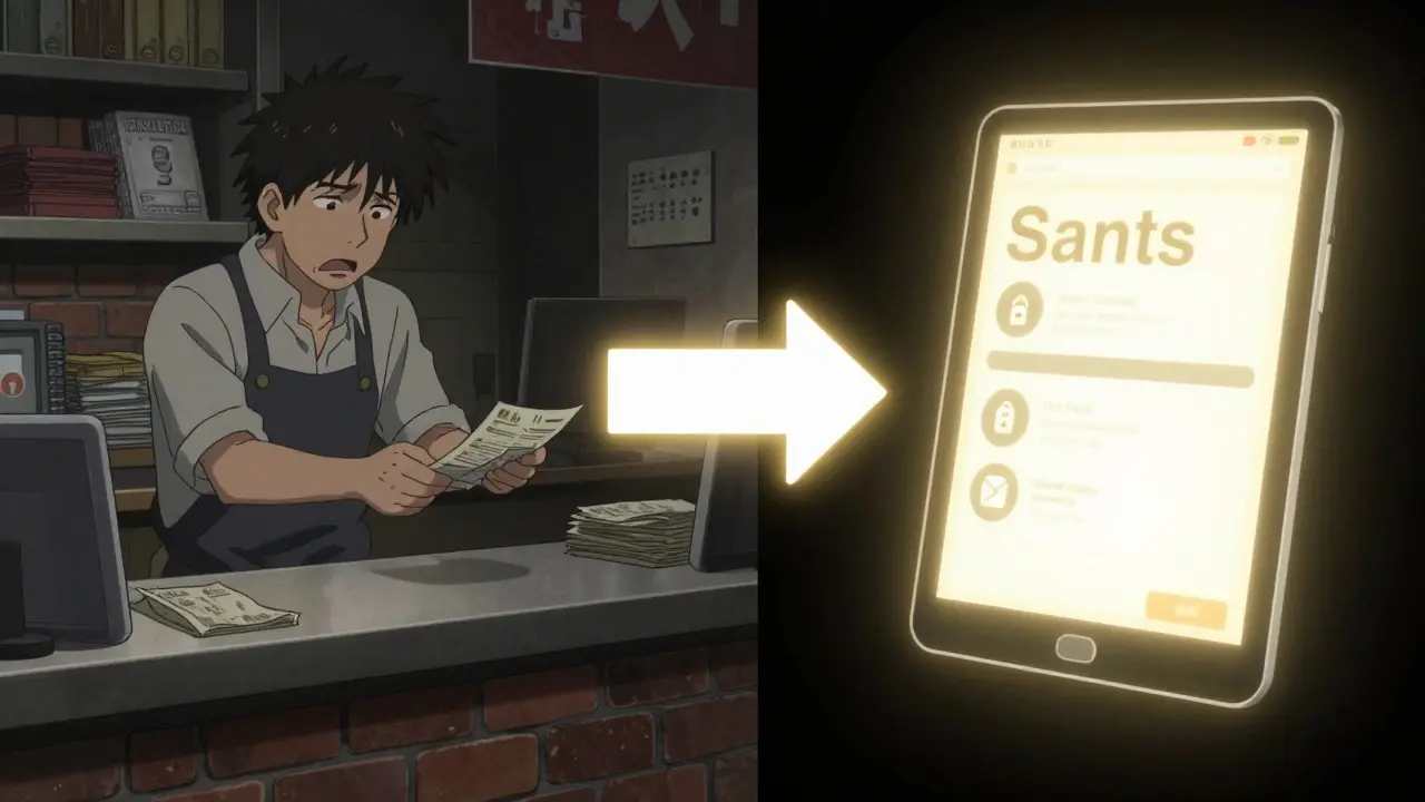 Shounen anime split screen comparing dark retail store and bright online savings