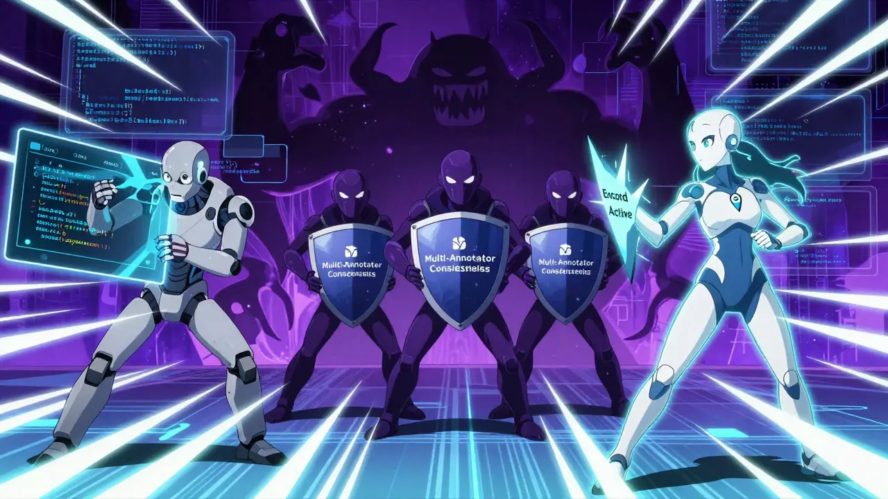 Three anime-style algorithm avatars fighting shadowy data error monsters digitally