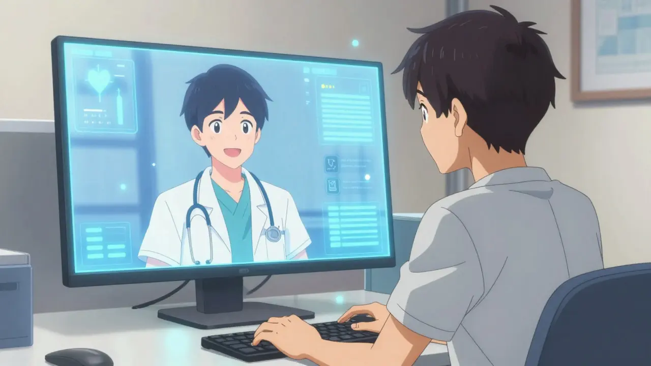 Young man having a video call with a doctor on a glowing monitor